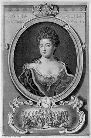 Bild des Verkufers fr SOPHIE CHARLOTTE, Knigin von Preuen (1668 - 1705). "Sophia Carolina". Brustbild nach halblinks im Oval der Gemahlin Knig Friedrichs I., einer geborenen Prinzessin von Braunschweig-Lneburg-Hannover, in schulterfreiem, taillierten Kleid mit Hermelin, oben Krone und Inschrift, unten das Niedersachsenro, darunter die Krnungsszene zur Knigin 1701 mit Knig Friedrich I. und Hofstaat. zum Verkauf von Peter Bierl Buch- & Kunstantiquariat Inh.: Andrea Bierl