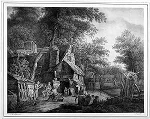 KASPAR AUER (1795 - 1821). "Bauernhaus unter hohen Bäumen" (Winkler). Blick auf ein einfaches, st...