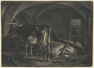 JOHANN ADAM KLEIN (1792 - 1875). "Die drei Kühe im gewölbten Stall", eine von ihnen stehend, zwei...