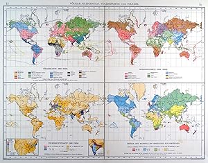 WELTKARTE. - Bevölkerungskarte. "Völker, Religionen, Volksdichte und Handel". Insgesamt vier Kart...