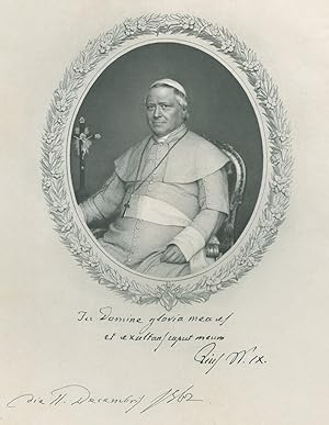 Bild des Verkufers fr PIUS IX. Mastai-Feretti, Papst (1792 - 1878). "In Domine gloria mea es" etc. Hftbild nach halblinks im floralen Oval, sitzend neben Kruzifix, in den Ecken Embleme, unten Sinnspruch mit Unterschrift und Datum in Faksimile. zum Verkauf von Peter Bierl Buch- & Kunstantiquariat Inh.: Andrea Bierl