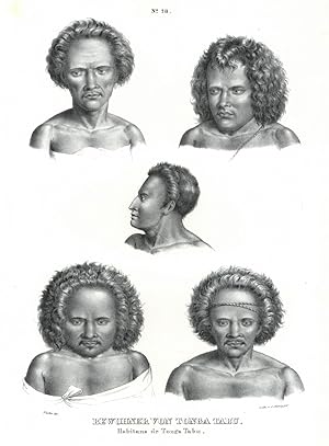 FREUNDSCHAFTS-INSELN. - Tracht. "Bewohner von Tonga Tabu". Brustbilder von fünf Ureinwohnern von ...