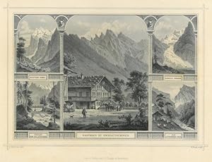 ZWEILÜTSCHENEN. Ansicht des Gasthauses, umgeben von 4 Teilansichten (Wetterhorn, Lütschenental).