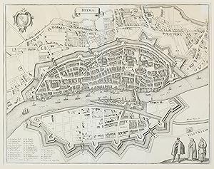 BREMEN. Gesamtansicht aus der Vogelschau mit der Weser und Neustadt, rechts drei Kostümfiguren.