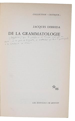 Seller image for De la grammatologie. - [THE MAIN WORK OF DECONSTRUCTION - PRESENTATION-COPY] for sale by Lynge & Sn ILAB-ABF