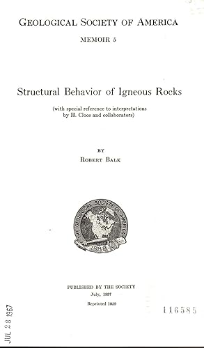Imagen del vendedor de Structural Behavior of Igneous Rocks (with special reference to H. Cloos and collaborators) a la venta por Book Booth