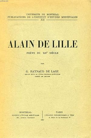 Seller image for ALAIN DE LILLE, POETE DU XIIe SIECLE for sale by Le-Livre