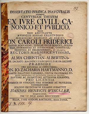 Bild des Verkufers fr Juristische Inaugural-Dissertation. Centuriam thesium ex iure civili, canonico et publico. zum Verkauf von Wissenschaftliches Antiquariat Kln Dr. Sebastian Peters UG