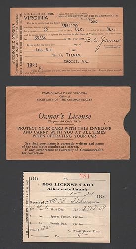 Seller image for VIRGINIA OWNER'S LICENSE For 1923 with Dog Licence for 1924 for sale by The Avocado Pit