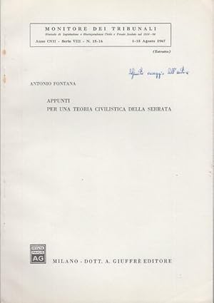 Immagine del venditore per APPUNTI PER UNA TEORIA CIVILISTICA DELLA SERRATA venduto da Arca dei libri di Lorenzo Casi