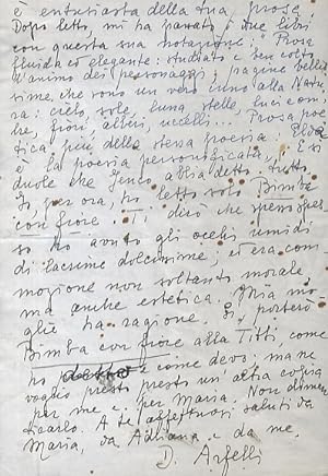 Lettera manoscritta autografa, firmata, indirizzata alla scrittrice Elda Bossi, stesa su due facc...