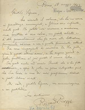 Lettera manoscritta autografa, firmata, indirizzata alla scrittrice Elda Bossi, stesa su una facc...