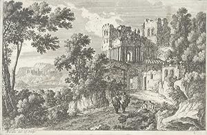 Paesaggio con due figure maschili in piedi e due femminili sedute, difronte ad un castello in rov...