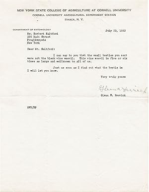 Image du vendeur pour TYPED LETTER ABOUT A BEETLE SIGNED BY GLENN W. HERRICK. mis en vente par Blue Mountain Books & Manuscripts, Ltd.