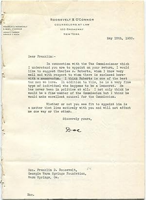 Seller image for 1930 Seven Basil O'Connor Typed Letters Signed Addressed to FDR for sale by Dennis Holzman Antiques