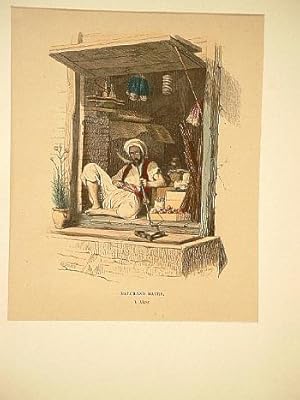 Marchand Maure a Alger. Altkolorierte Lithographie von Philippoteau nach Deghouy um 1850.