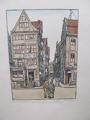 Alt-Hamburg 1906 Springeltwiete / Messberg. Handkolorierte Radierung ,signiert und handbezeichnet.