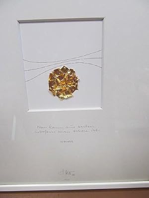 Novalis: Blattgold-Assemblage auf Bütten unter Acrylglas.