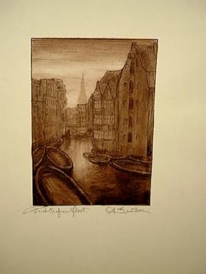 Deichstraßenfleet, Hamburg. Original-Tuschzeichnung von A. Gruber um 1920.