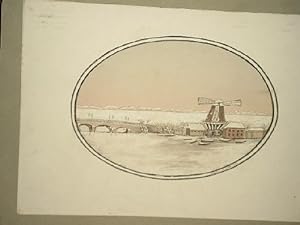 Kleine ovale Originalzeichnung der winterlichen Lombardsbrücke und der Mühle auf dem Wall aus dem...
