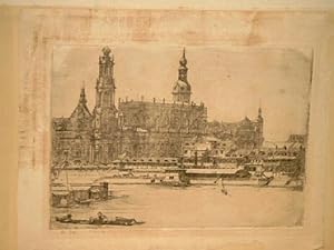 Originalradierung: Dresden: Blick über die Elbe auf Hofkirche und Schloß.