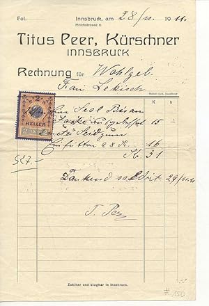 Rechnung von Titus Peer, Kürschner, Innsbruck. Rechnung über 31 Kronen für Frau Lekisch.