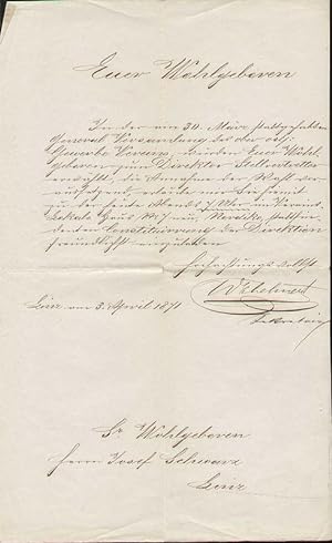 Einladung (Linz 1871). Der Sekretär des Linzer Gewerbevereins teilt am 3. April 1871 Herrn Josef ...