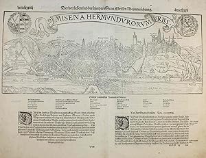 Bild des Verkufers fr Der Herrlichen und berhmpten Statt Meissen Abcontrafehtung. Gesamtansicht ber die Elbe. Mit Spruchband und 2 Wappen. zum Verkauf von Antiquariat Gallus / Dr. P. Adelsberger