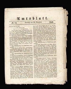 Immagine del venditore per Amtsblatt No. 94. Sonntag den 22. November 1840. venduto da Antiquariat Gallus / Dr. P. Adelsberger
