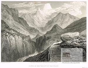 Bild des Verkufers fr Scene in the Valley of Ubaye. Imposante Szene eines Reiters mit schwer beladenem Esel in den Steilhngen oberhalb des reienden Ubaye-Flusses mit Blick auf die Felsen der Trois-Evegues in den Alpen. Stahlstich von Rawle 1829 zum Verkauf von historicArt Antiquariat & Kunsthandlung