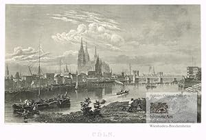 Cöln. Gesamtansicht über den Rhein mit Brücken, Segelbooten, Dampfschiffen und Schaufelraddampfer...