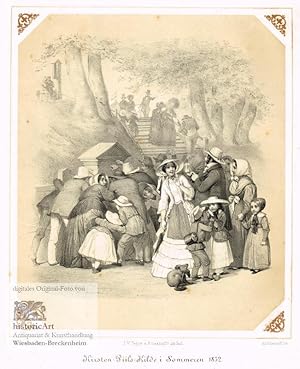 Kirsten-Piils-Kilde i Sommeren 1852. Andrang von Familien mit Kindern vor der Kirsten Piils-Quell...