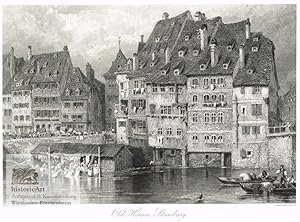 Old Houses, Strasburg. Schöner Blick auf die historische Altstadt von der Ill aus mit Booten und ...