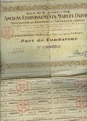 Seller image for 1 PART DE FONDATEUR - SOCIETE ANONYME DES ANCIENS ETABLISSEMENTS MARCEL OLIVIER for sale by Le-Livre