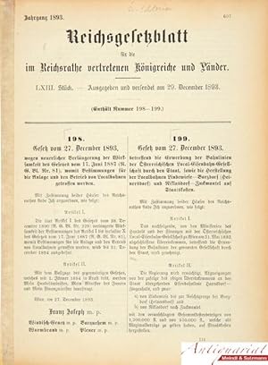 Seller image for Gesetz vom 27. December 1893 . womit Bestimmungen fr die Anlage und den Betrieb von Localbahnen getroffen werden. - Gesetz vom 27. December 1893, betreffend die Erwerbung der Bahnlinien der sterreichischen Local-Eisenbahn-Gesellschaft durch den Staat, sowie die Herstellung der Localbahnen Lindewiese - Barzdorf (Heinersdorf) und Niklasdorf - Zuckmantel auf Staatskosten. for sale by Antiquariat MEINDL & SULZMANN OG