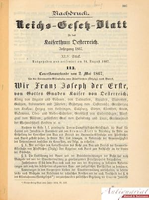 Seller image for Concessionsurkunde vom 2. Mai 1867, fr die Locomotiv-Eisenbahn von Fnfkirchen (szg) nach Barcs. Wir Franz Joseph der Erste . verleihen den Concessionren das Recht zum Bau. for sale by Antiquariat MEINDL & SULZMANN OG