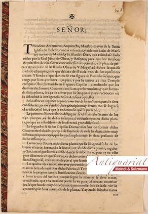 Bild des Verkufers fr Theodoro Ardemanus, Arquitecto, Maestro mayor de la Santa Iglesia de Toldeo, con las ausencias, y enfermedades de Maestro mayor de Madrid, y su Alarife: que aviendose dado orden por la Real Junta de Obras, y Bosques, para que los Artifices Arquitectos de esta Corte concurriessen  oponerse,  la plaza de primer Aparejador de las Reales Obras de V. Magestad . sea Templo en figura Obal, formando en l quatro Capillas. (Ttulo tomado de cabecera de texto). zum Verkauf von Antiquariat MEINDL & SULZMANN OG