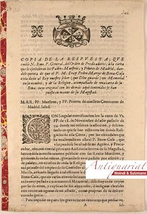 Copia de la respuesta, que embió N. Rmo. P. General del Orden de Predicadores, à la carta que le ...