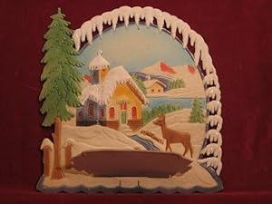 Kalenderrückwand / Reklamewandbild aus geprägter Pappe: Winterlandschaft mit Kirche vor einem See...