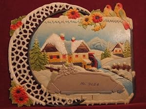 Kalenderrückwand / Reklamewandbild aus geprägter Pappe: Winterlandschaft mit Wassermühle, Randdek...