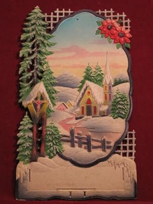 Kalenderrückwand / Reklamewandbild aus geprägter Pappe: Winterlandschaft mit Kirche.