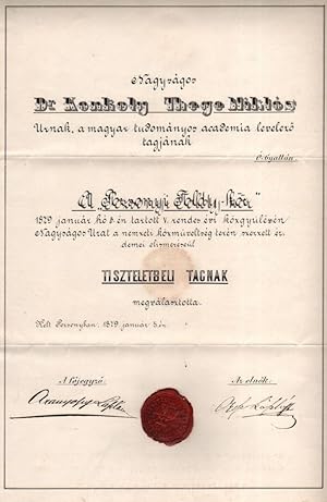 Image du vendeur pour Mikls Konkoly-Thege's Appointing Document as Honorary Member of the in Pozsonyi Toldy-kr (Toldy-Circle, Bratislava) mis en vente par Fldvri Books