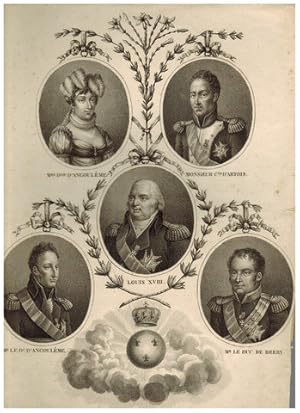 Louis XVIII. mit Duc D`Angoulême, Cte. D`Artois und Duc de Berry. 5 ovale Porträts auf einem Blat...