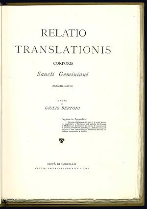 Immagine del venditore per Relatio translationis corporis Sancti Geminiani (M.XC.IX-M.C.VI). venduto da Libreria Alberto Govi di F. Govi Sas