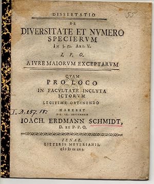 Bild des Verkufers fr Juristische Dissertation. De diversitate et numero specierum in  52 art. V I. P. O. a iure maiorum exceptarum. zum Verkauf von Wissenschaftliches Antiquariat Kln Dr. Sebastian Peters UG