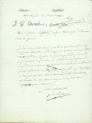 Image du vendeur pour Brief mit Unterschrift an den spteren General CAFFARELLI, zu dieser Zeit Stabschef der konsularischen Garde. mis en vente par Antiquariat Bebuquin (Alexander Zimmeck)