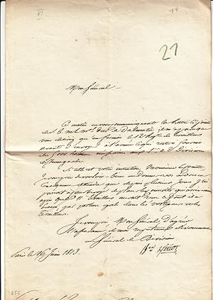 Brief mit Unterschrift an General Caffarelli. Neuigkeiten von Marschall Duc de Dalmatie (Soult).