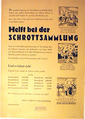 Helft bei der Schrottsammlung. Typographisches Plakat mit 3 Bildern.