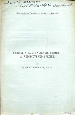 Seller image for Parmelia Australiensis Crombie - a rediscovered species [extracted from The Journal of Botany, May, 1930 for sale by Pendleburys - the bookshop in the hills