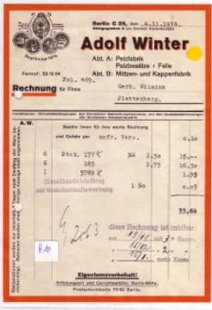 Rechnung 1938 Adolf Winter Berlin Königsgraben Pelzfabrik Pelzbesätze Felle Mützen- und Kappenfab...